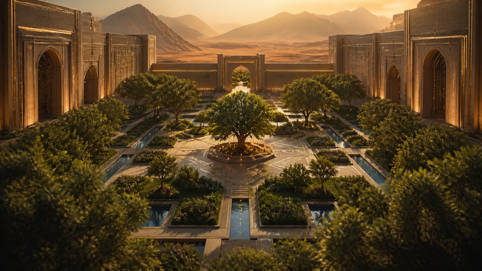 Jardim irrigado em arquitetura mineral do deserto com quatro canais e luz âmbar contemplativa
