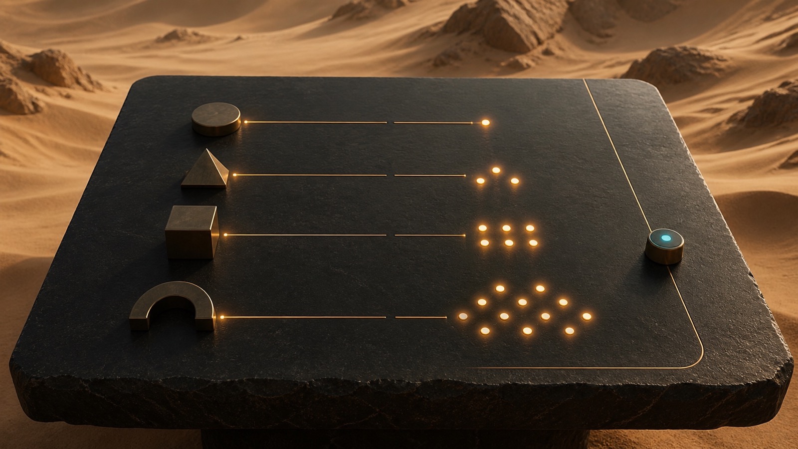 Mesa de pedra escura com formas geométricas e pontos luminosos organizados em sequências abstratas