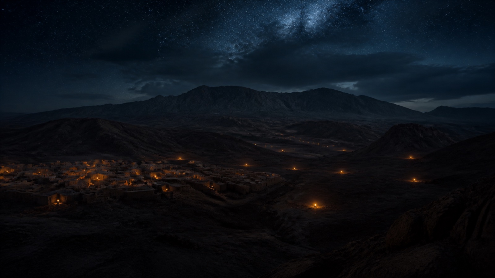 Trinta e seis pontos discretos de luz espalhados e parcialmente ocultos em vasta paisagem mineral do deserto