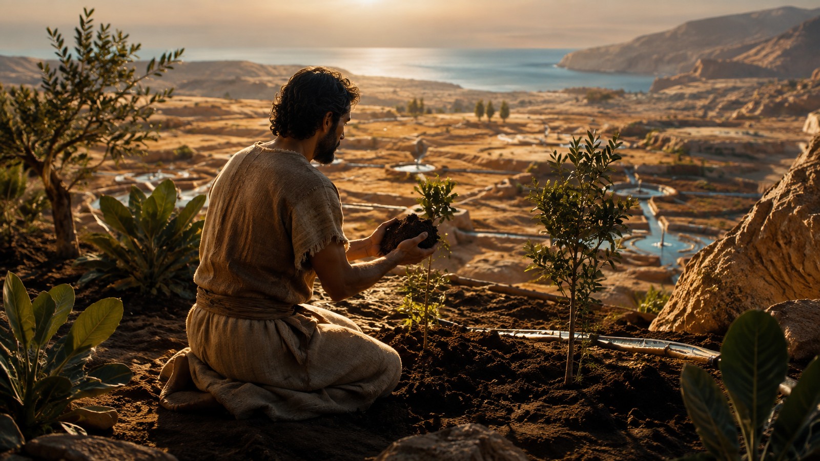 Primeiro ser humano diante de um jardim cultivado, com terra nas mãos e luz ao fundo