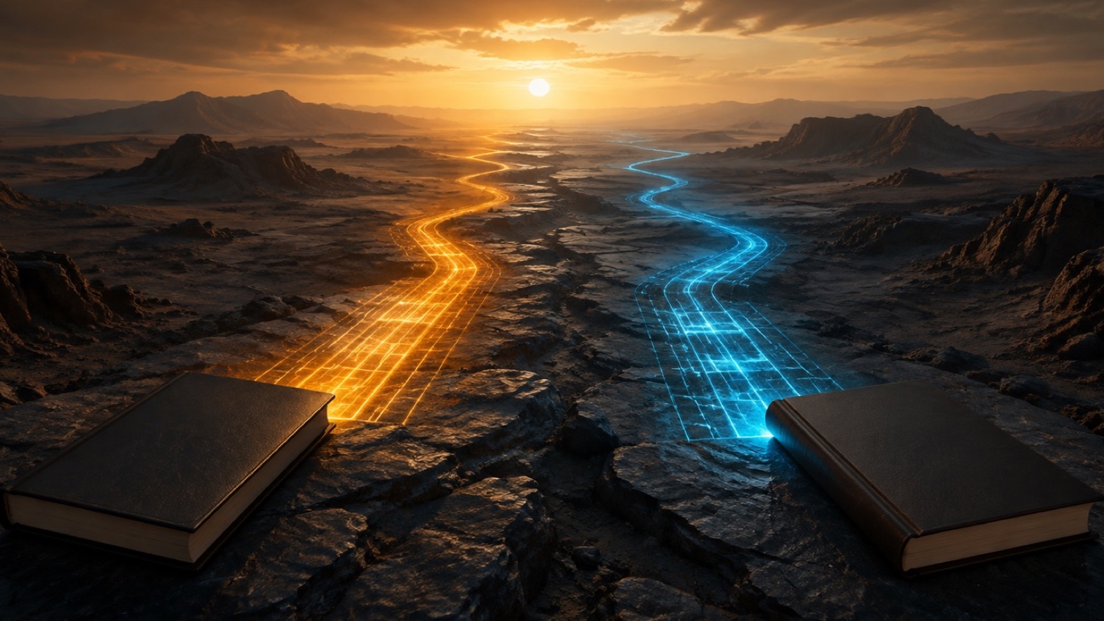Dois textos antigos atravessados por linhas geométricas divergentes em luz âmbar e azul