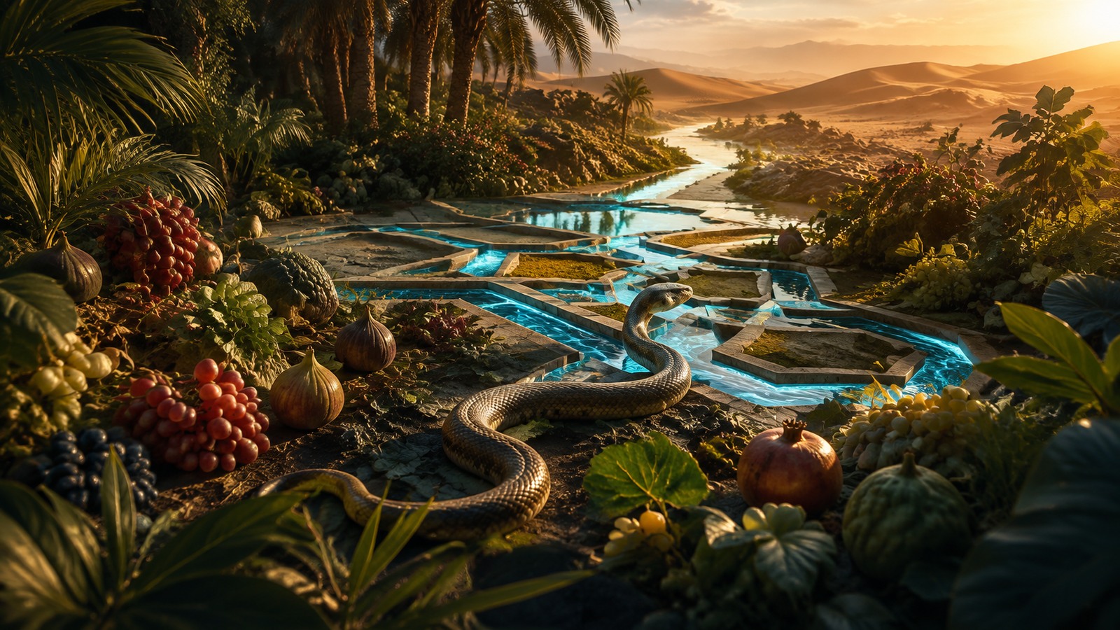 Serpente entre folhas e frutos em um jardim, sugerindo astúcia sem elementos ocultistas